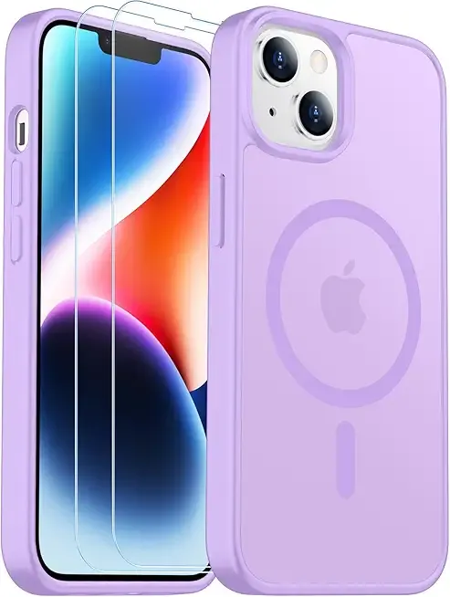 SPIDERCASE Designed for iPhone 13 Case/iPhone 14 Case, [Compatible with Magsafe] Translucent Matte with 2PCS Tempered Glass Screen Protector Phone Case for iPhone 13/14 6.1'',Light Purple