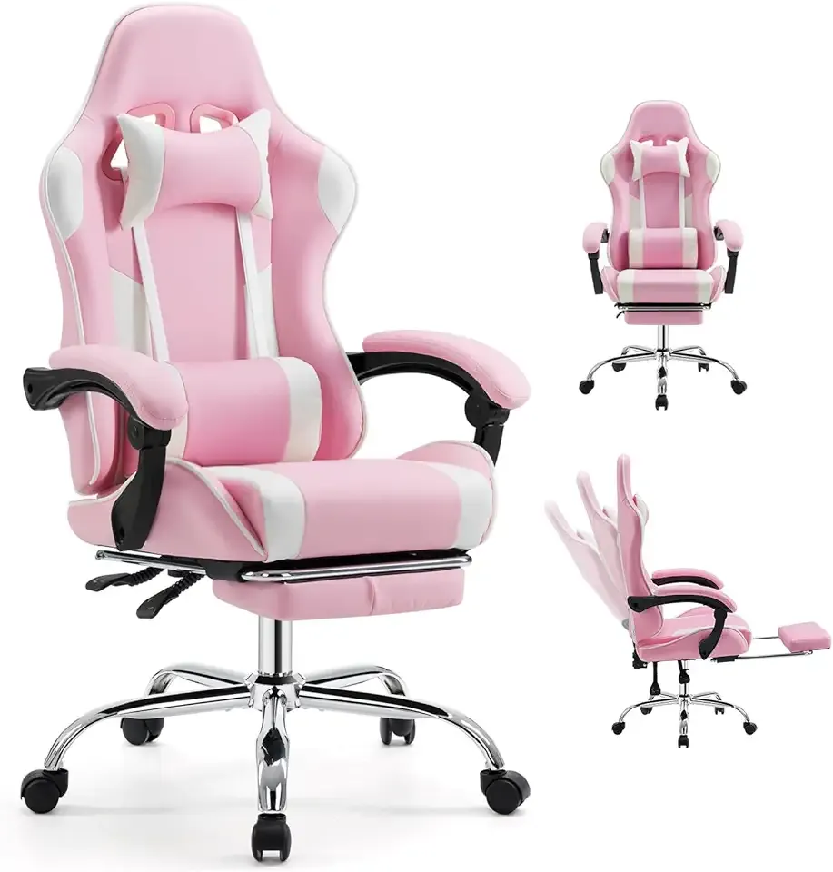 DUMOS Ergonomic Gaming Office Desk Chair with Footrest and Headrest for Adults, PU Leather Video Computer Chair with Linkage Armrests, Height Adjustable 360° Swivel Recling Chair, White Pink