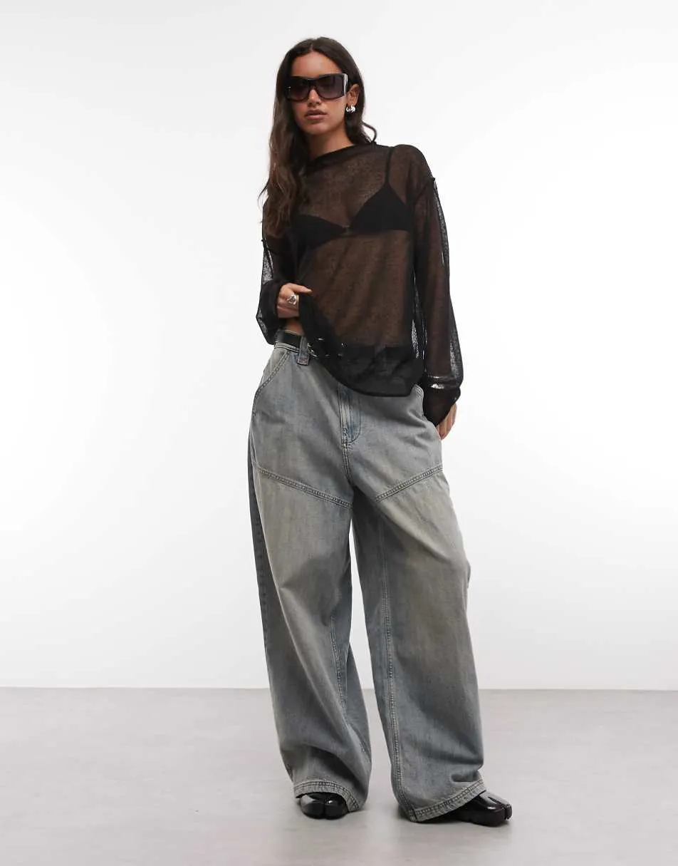 Weekday linen blend oversized sheer mock neck jumper in black