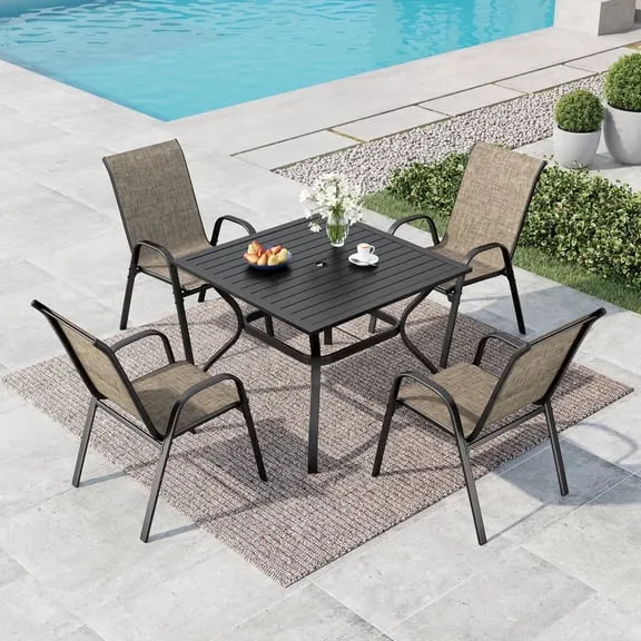 Summit Living 5-Piece Outdoor Patio Dining Set, 4 Stackable Textilene Chairs (Weight Capacity 350 lbs) and Metal Square Table with Umbrella Hole, Black & Grayish-brown $299.00 Was $399.99