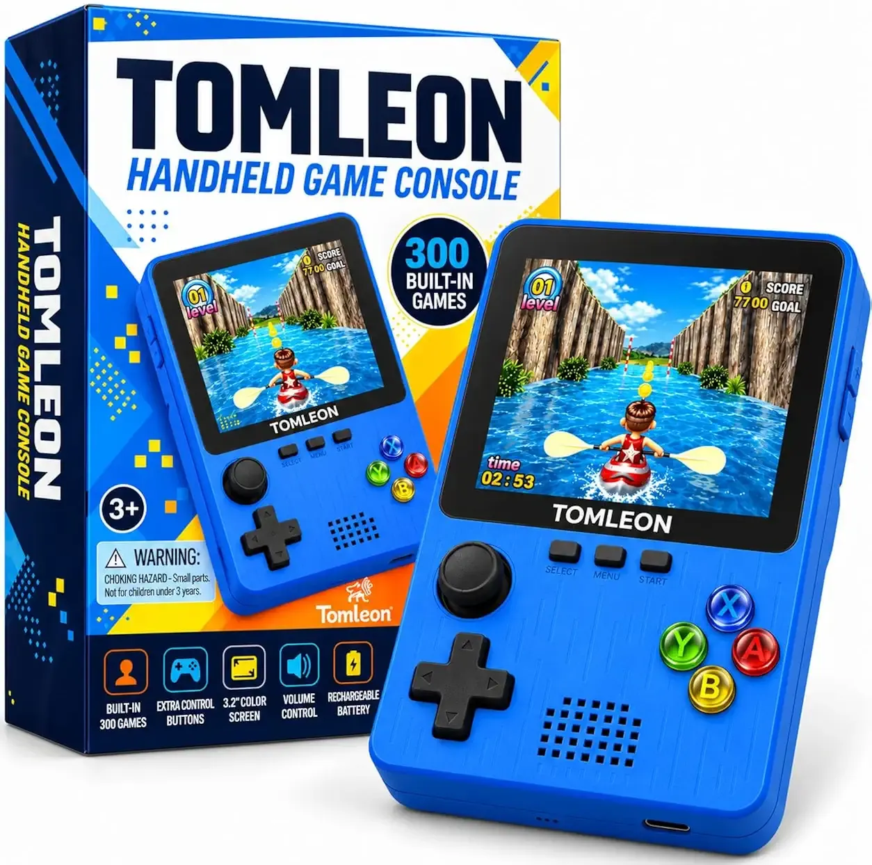TOMLEON Handheld Game Console for Kids, 300 Built-in Games, 3.2 Inch Color Screen, Rechargeable Portable Video Game Player with Joystick, Blue