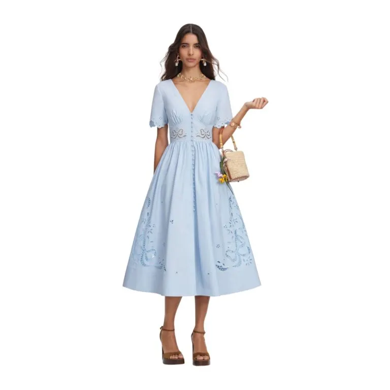 Cotton Embroidered Midi Dress - Blå