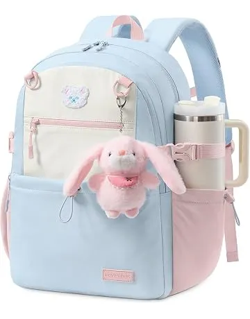 LOVEVOOK Backpack for Girls Ages 8-14, Cute School Backpack with Bunny Charm & Large Cup Holder for Elementary & Middle School, Fits 15.6 Inch Laptop, Large Capacity Girls Bookbag,Sky Blue-Pink-Beige