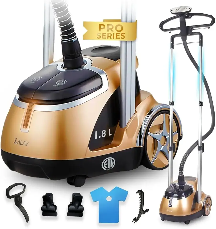 SALAV® Professional Standing Garment Steamer with Retractable Power Cord, Foot Pedal Control, Wheels for Easier Movement (Gold)