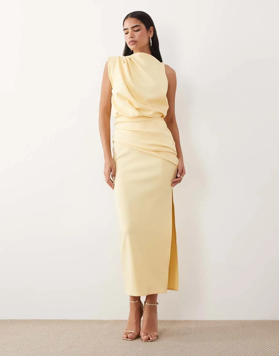 ASOS DESIGN draped structured midi dress with split in buttermilk