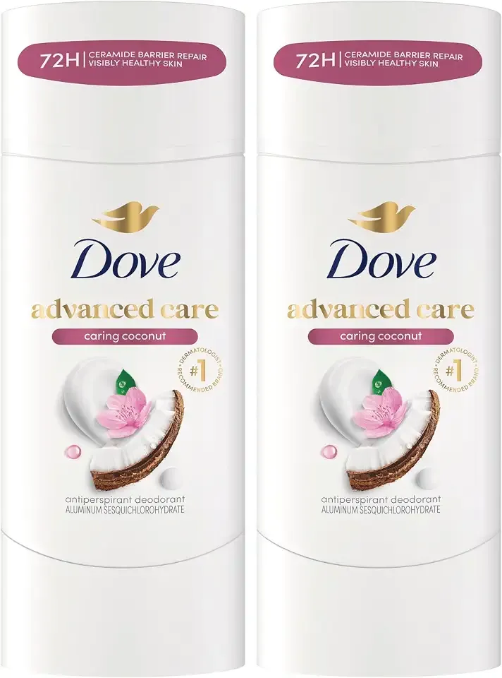Dove Advanced Care Antiperspirant Caring Coconut, 2 Count Deodorant Stick for Women, for 48 Hour Protection And Soft And Comfortable Underarms, 2.6 oz