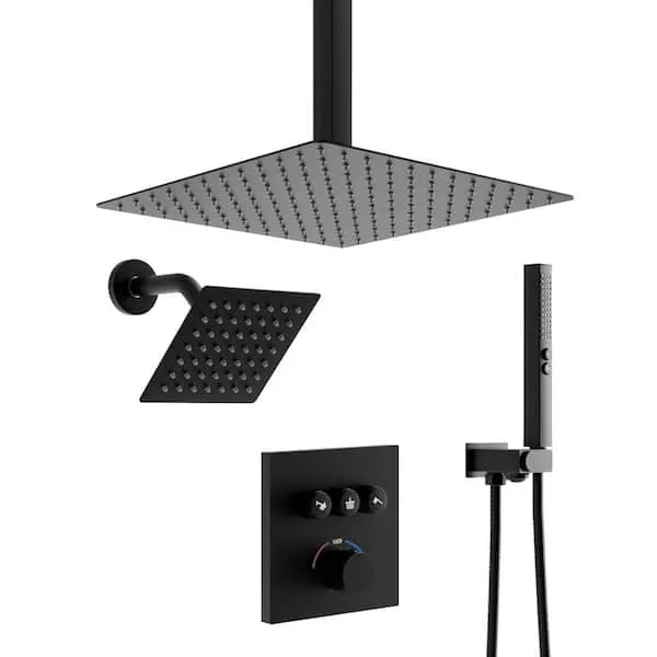 5-​Spray 12 in.​ and 6 in.​ Thermostatic Ceiling Mount Dual Shower Heads and Handheld Shower Head 2.​5 GPM in Matte Black