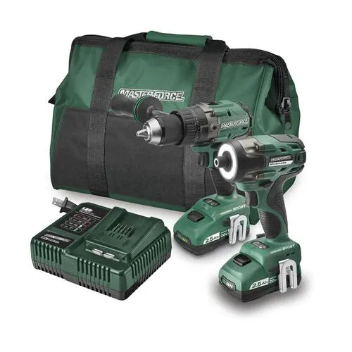 Masterforce BOOST® 20-Volt Brushless Cordless 1/2" Hammer Drill and 1/4" Impact Driver Combo Kit
