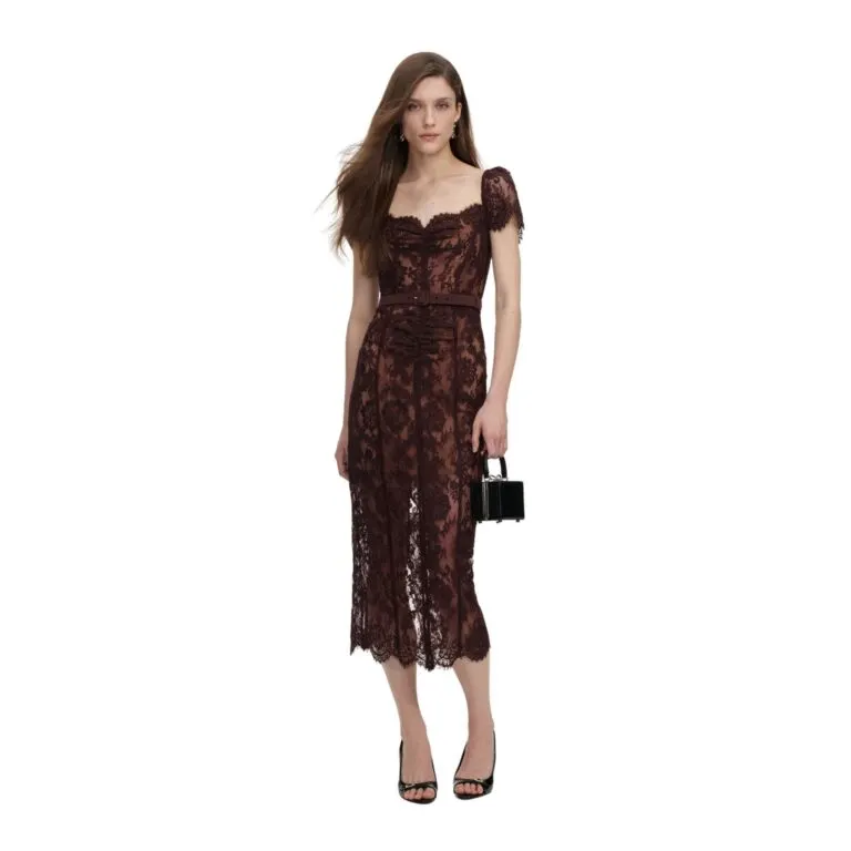 Floral Lace Midi Dress - Brun