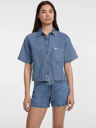 Guess Jeans Boxy Short Sleeve Shirt In Mid Wash Denim