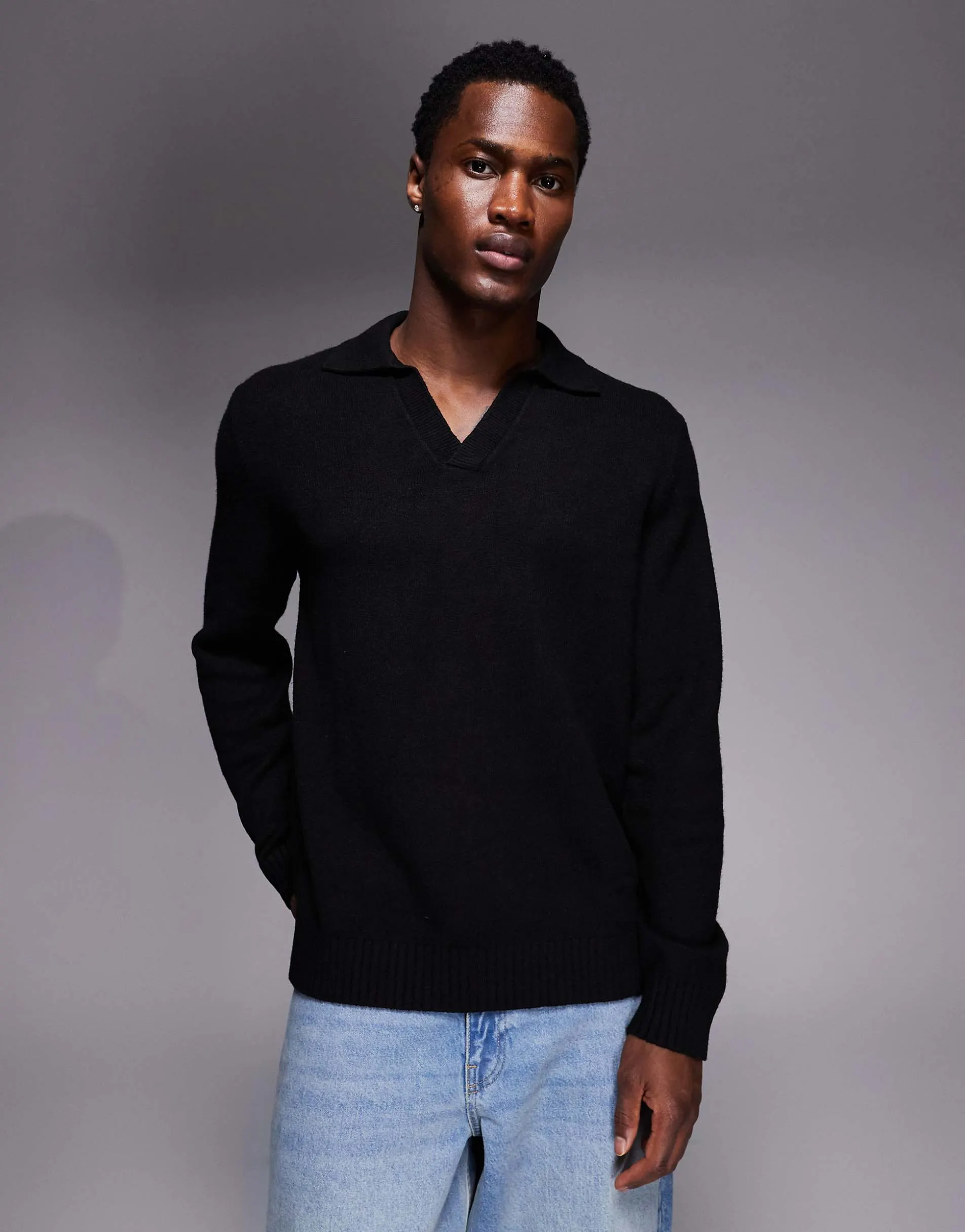 ASOS DESIGN relaxed knitted fluffy notch neck polo jumper in black