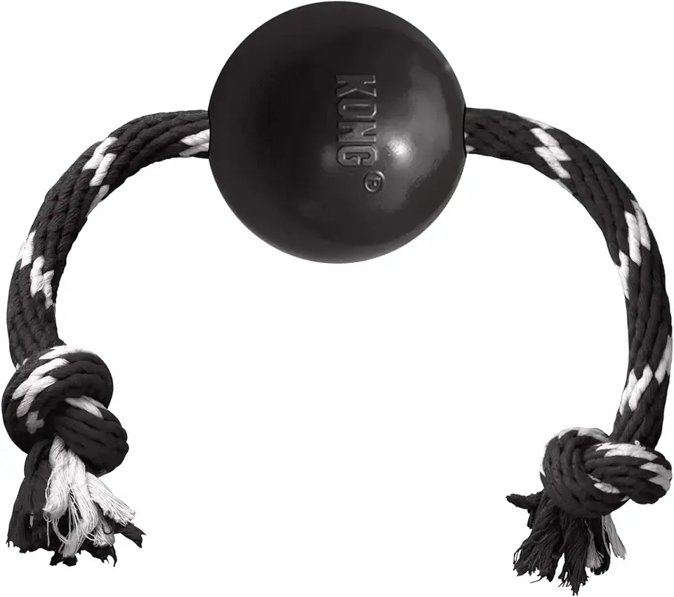 KONG Extreme Ball with Rope - Dog Fetch Toy with Rope for Easy Throwing - Durable Dog Ball Toy for Tug, Playtime & More s Most Durable Natural Rubber - Black - for Large Dogs