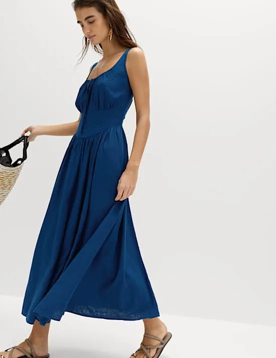 Midi-Trägerkleid im Swing-Stil mit hohem Leinenanteil und Rundhalsausschnitt