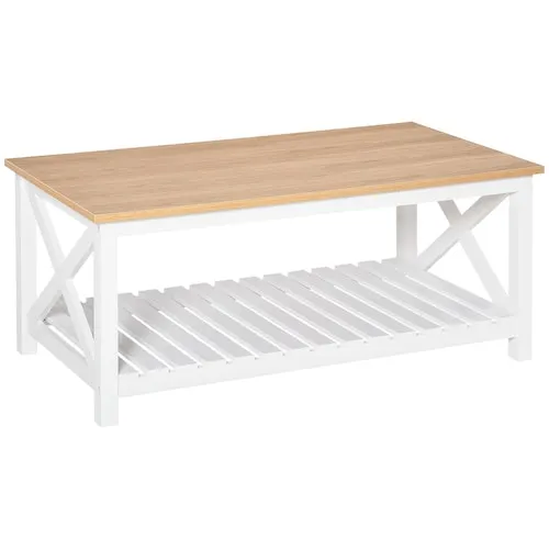 45.7-inch W Farmhouse Style Coffee Table with X Bar Frame, Open Slat Wooden Shelf White