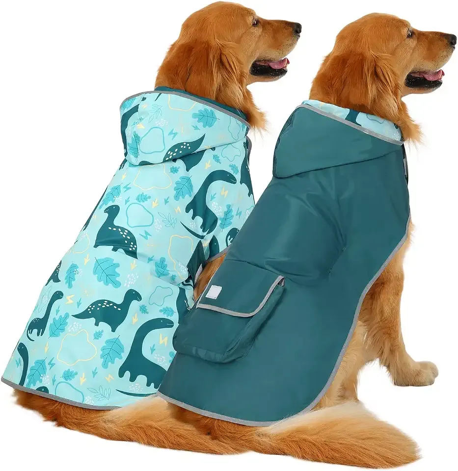 HDE 2-in-1 Reversible Dog Raincoat Hooded Poncho Rain Jacket Teal Dino XL | Double Sided, Built-in Leash Hole, Reflective Safety Strips, Folds into Storage Pouch, for Small to Extra Large Dog Breeds