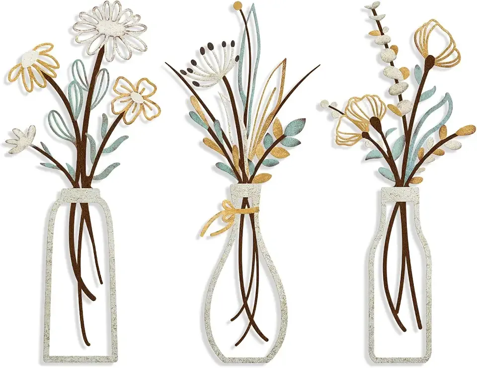 Pigort 3 Pieces Metal Flowers Wall Art- Rustic Farmhouse Decor Minimalist Decor for Living Room Bathroom Bedroom Dining Room, Housewarming Gifts Christmas Decoration(Beige, Vase-C)