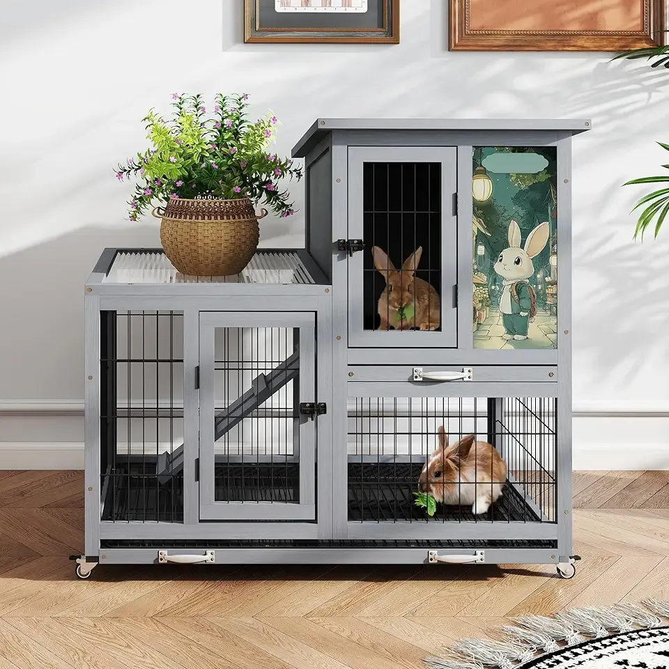 COZIWOW Rabbit Hutch Indoor with Wire Bottom, 2-Level Large Wooden Bunny Cage on Wheels Outdoor for Multiple Small Animals, Grey + Colorful Patterns