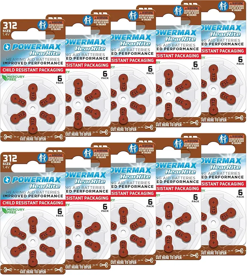 Powermax Size 312 Hearing Aid Batteries, 60 Count Long-Lasting Battery Pack, Brown Long Tab for Easy Change