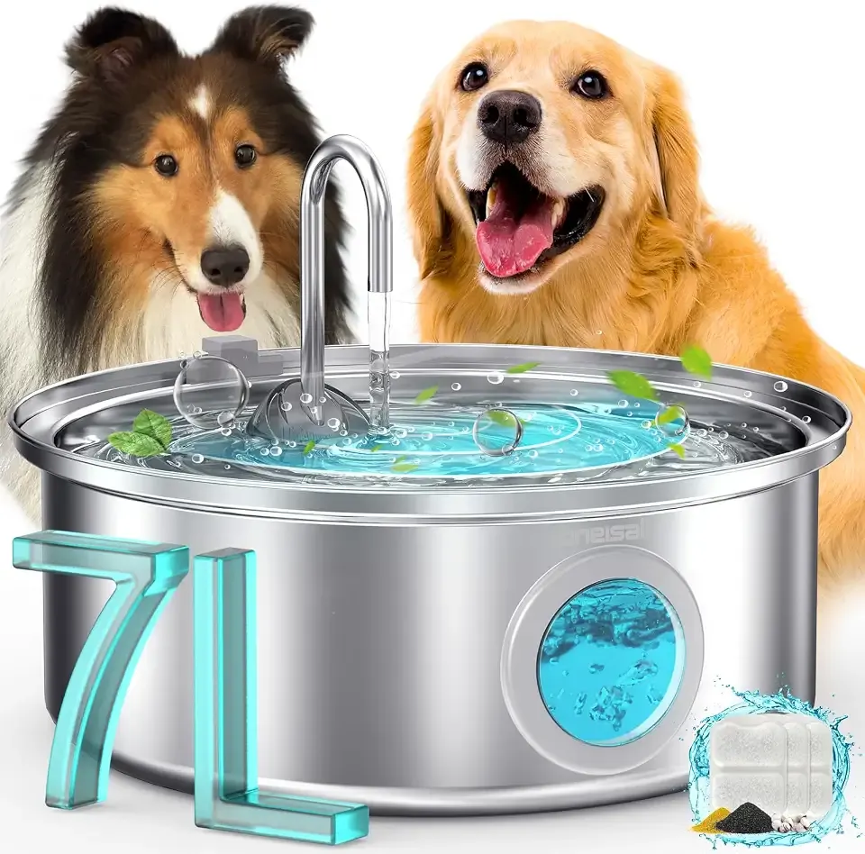 oneisall 7L/230oz Dog Water Fountain for Multi-pet Household,PWF002 | 25db Quiet Design,304 Stainless Steel,Contain 3 Set Filters,Visual Water,5-Layer Filtration,Fit for Living Room Kitchen