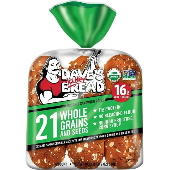 Dave's Killer, Bread 21 Whole Grains and Seeds Organic Sandwich Rolls, Organic Sub Rolls, 6 Count