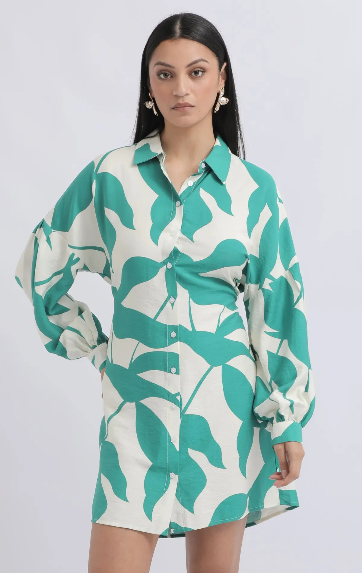Voile Balloon Sleeve Shirt Dress