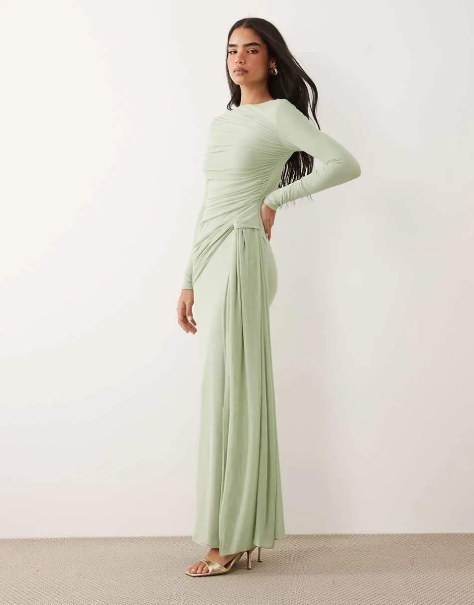 ASOS DESIGN mesh long sleeve maxi dress in sage