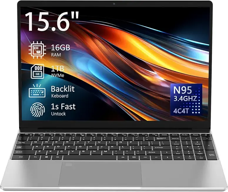 15.6" Laptop Computer Notebook, 4-Core N95 Processor, FHD Display, Backlit Keyboard, Fingerprint, Webcam, Bluetooth, WiFi, Win 11 Pro, 10TB Upgradeable, T152A, 16GB RAM, 1TB NVMe SSD, Silver