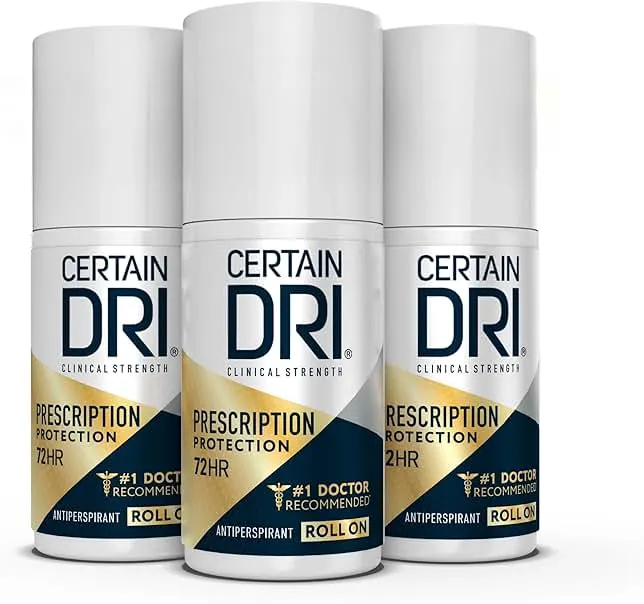 Certain Dri Prescription Strength Clinical Antiperspirant Roll-On for Hyperhidrosis, 72-Hour Sweat Protection, Fragrance-Free, Doctor-Recommended for Men & Women, 1.2 fl oz (Pack of 3)
