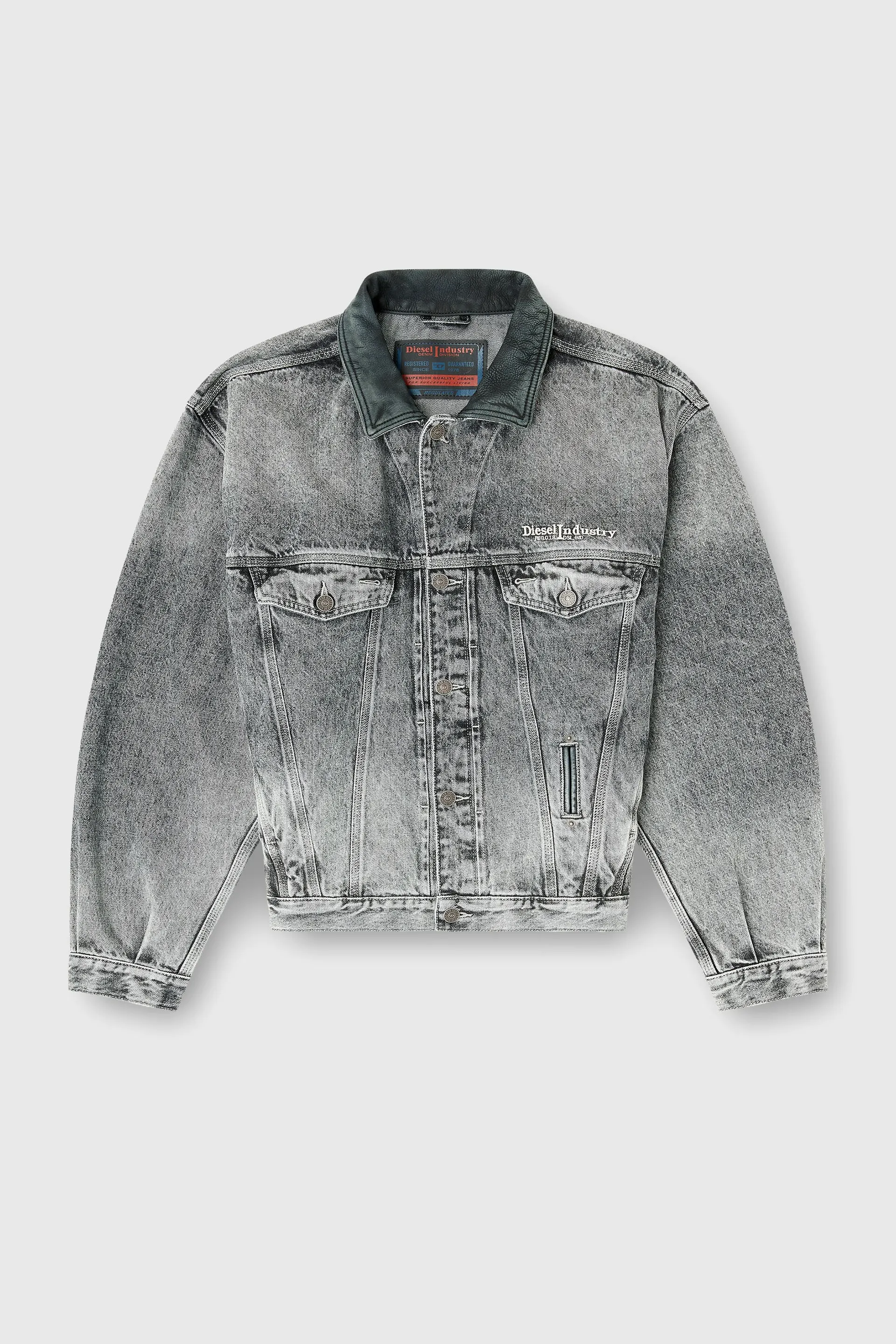 Denim trucker jacket with tonal leather trims