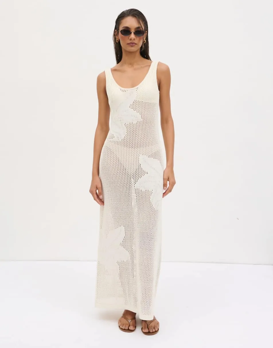 Pretty Lavish floral open knit scoop maxi dress in cream