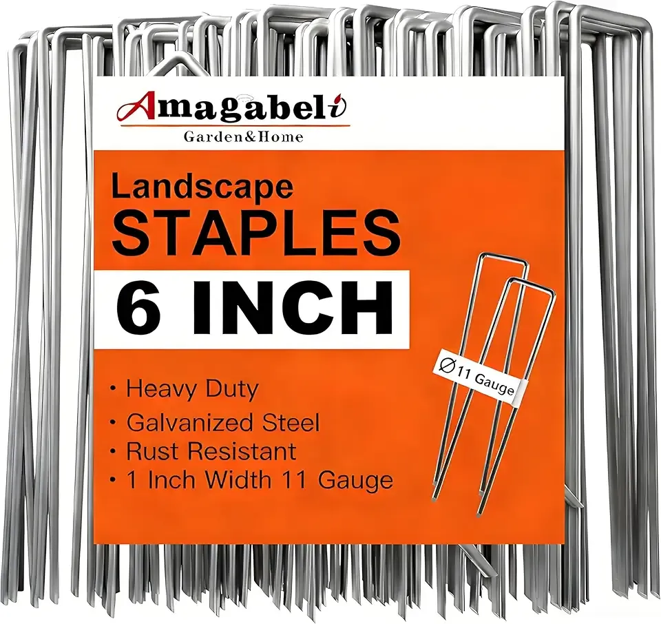 AMAGABELI 6 Inch 200 Pack Galvanized Landscape Staples 11 Gauge Anti-Rust Heavy Duty Garden Stakes Plant Cover Spikes U-Shaped Sod Pins Fence Stakes for Weed Barrier,Irrigation Tubing,Lawns,Decoration