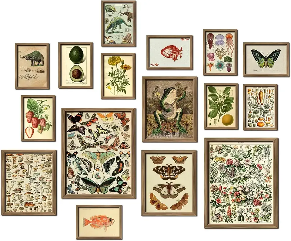 ANERZA 16 PCS Framed Vintage Wall Art Decor, Botanical Cottagecore Wall Prints for Bedroom, Gallery Wall Frame Set, Farmhouse Posters for Living Room Aesthetic, Rustic Dorm Home Collage Kit