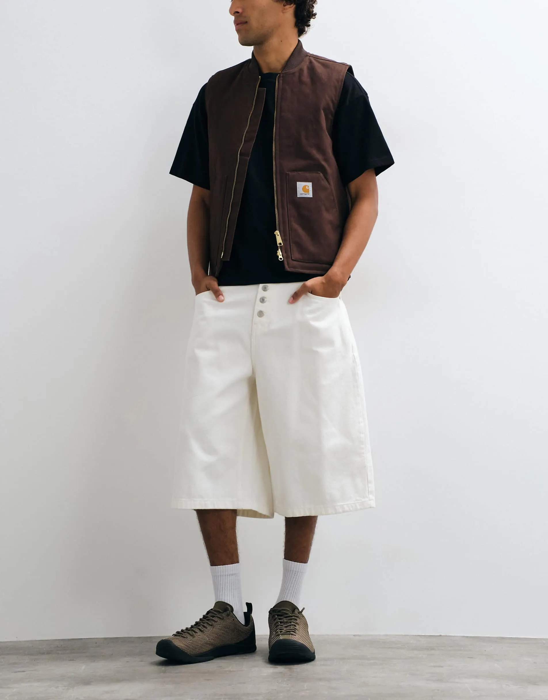 Reclaimed Vintage denim jort with stitching in ecru