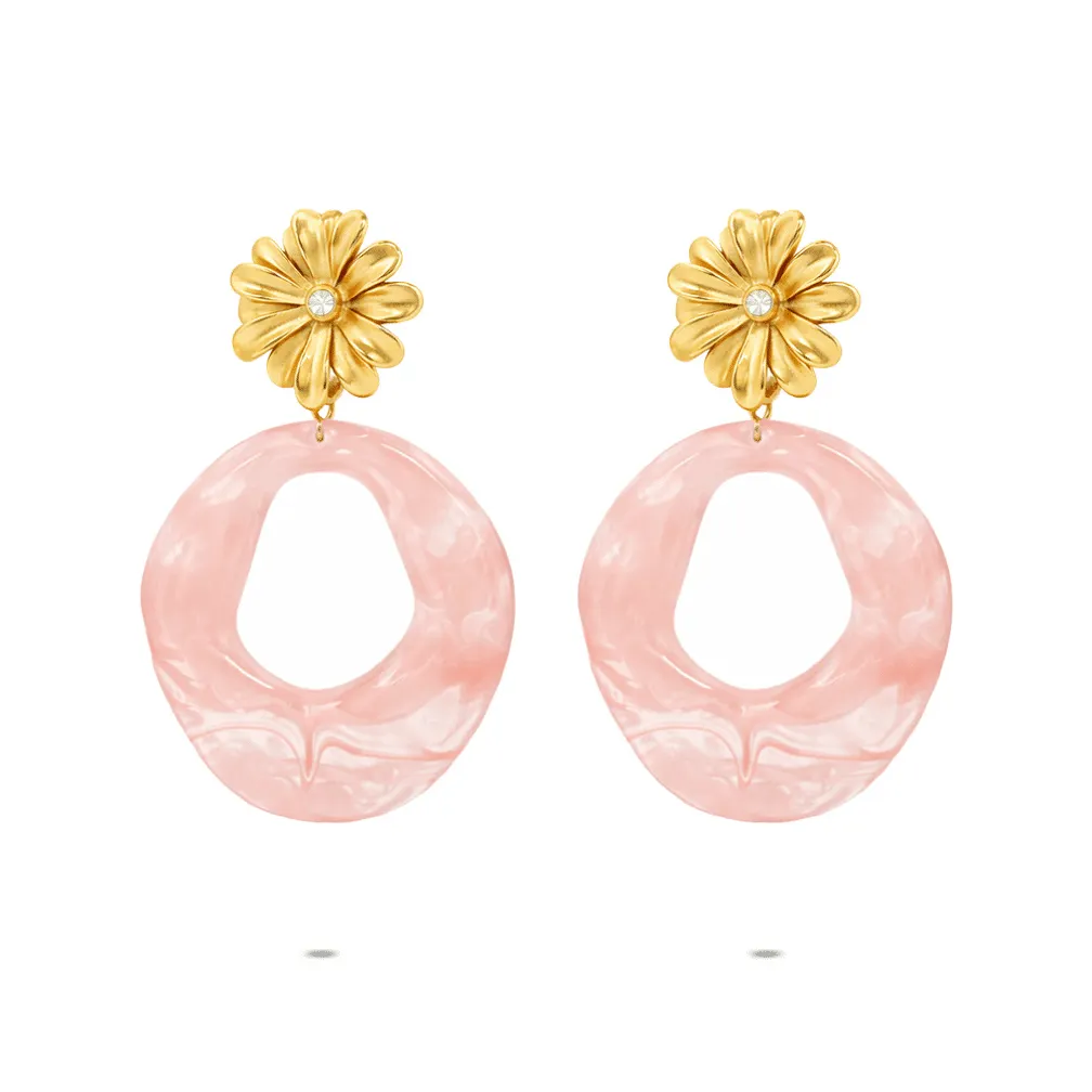 Oorbellen in edelstaal, bloemen en roze