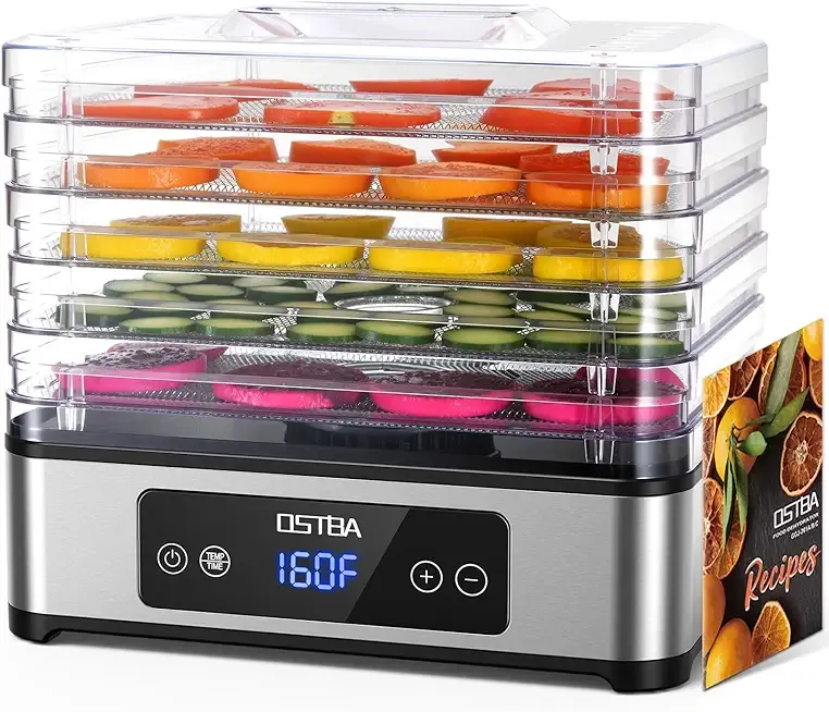 OSTBA Food Dehydrator, 5 Stainless Steel Trays, 48H Timer & Temp Control up to 160°F, 400W Food Dryer, Recipe Book for Jerky, Fruit, Meat, Vegetables, Herbs, BPA-Free