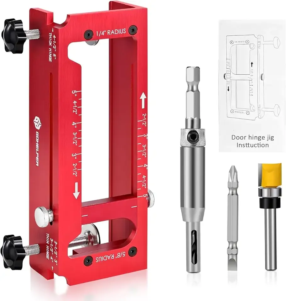 Door Hinge Jig, Aluminum Alloy Mortise Template Kit with Router Bit & Self-Centering Hinge Bit, User Manual for 2.5"-5" Hinges