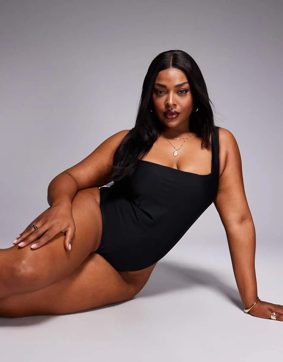 ASOS DESIGN Curve Revenge sculpting square neck swimsuit in black