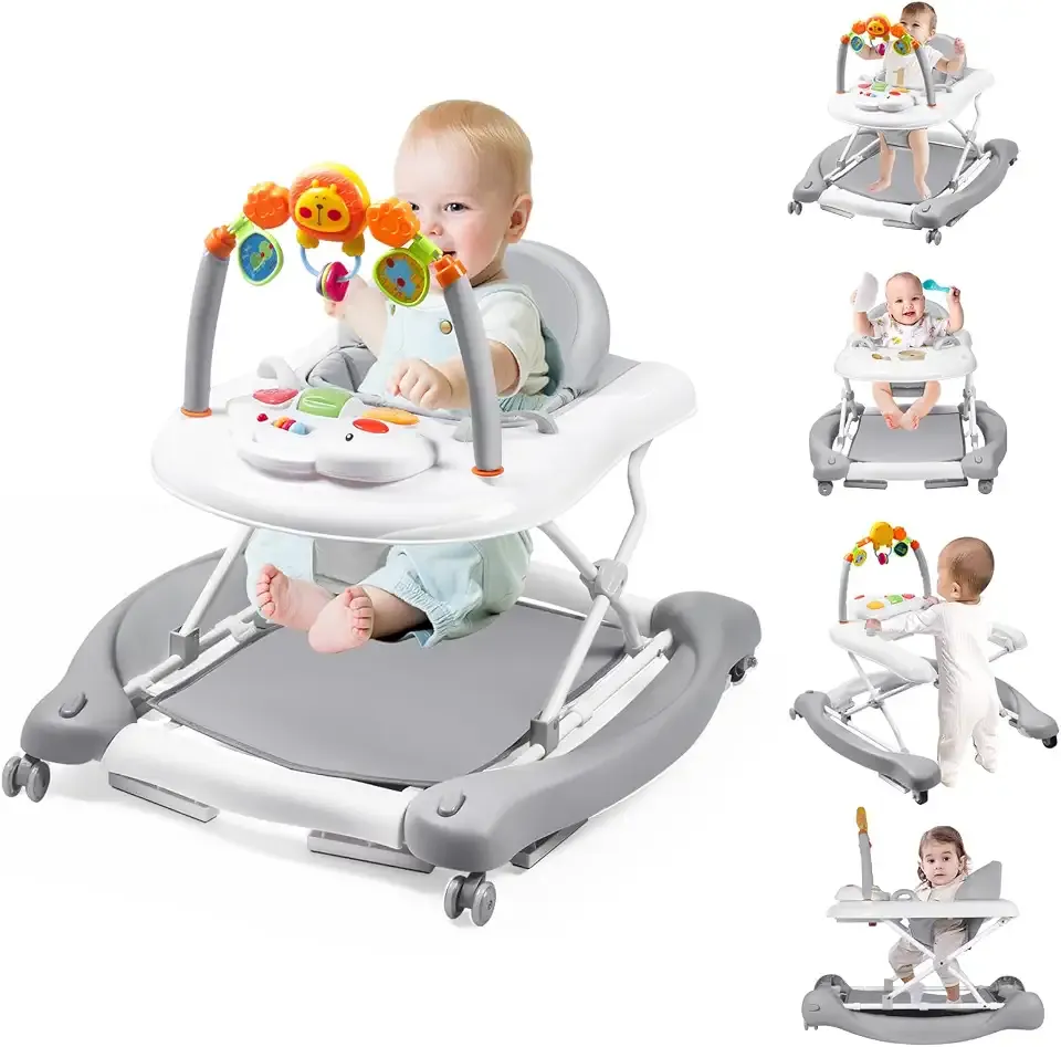 Boyro Baby Baby Walker, 5-in-1 Baby Walkers for Boys and Girls 6-12 Months with Bouncer, Removable Footrest, Feeding Tray & Music, Foldable & Adjustable Activity Walker for 6-18 Months Toddler Infant