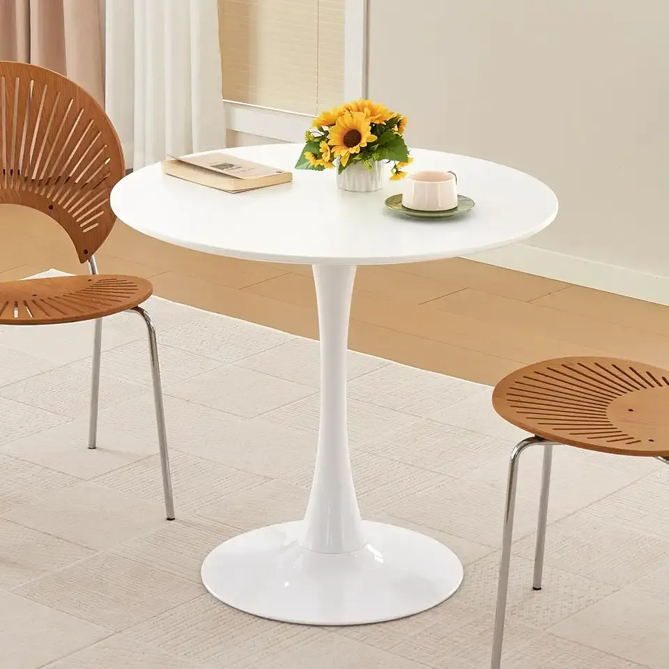 Round Dining Table, 31.5" Circle Tulip Table with Thickened Tabletop & Metal Pedestal, Mid Century Modern Bistro Table for Kitchen, Small Places, Living Room, Cafe (White)