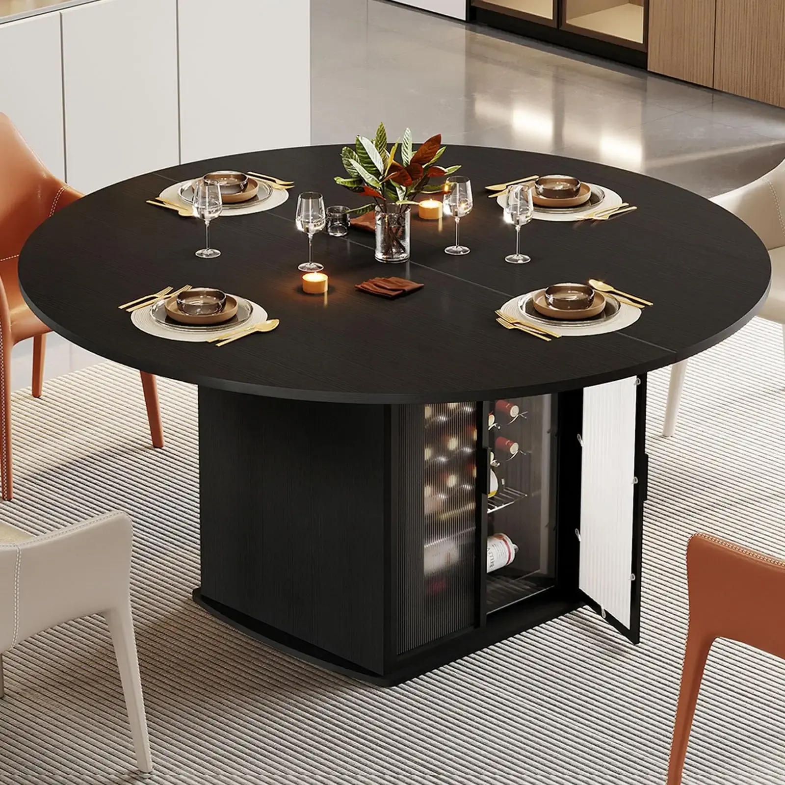 IBF Black Round Dining Table for 4-6, 47" Kitchen Table with Fridge Space, Modern Dining Room Tables with Storage, Industrial Wood Dinner Tables for Home Kitchen Living Room, Black Oak, Only Table