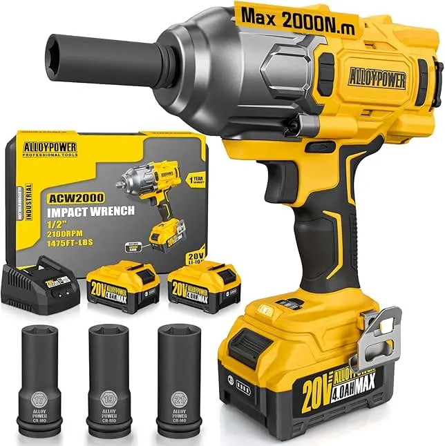 ALLOYPOWER Cordless Brushless Impact Wrench, 1475 ft-lbs (2000N.m), 1/2 High Torque power impact gun, 3-Mode Speed, 2*4000mAh Battery, 3 Sockets,…