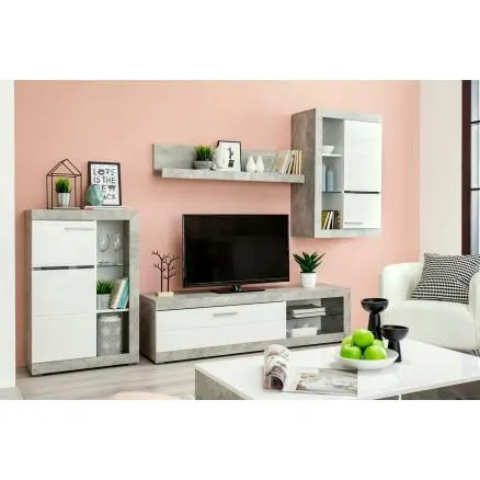 Moderna composición 230 cm en blanco brillo y gris cemento con leds