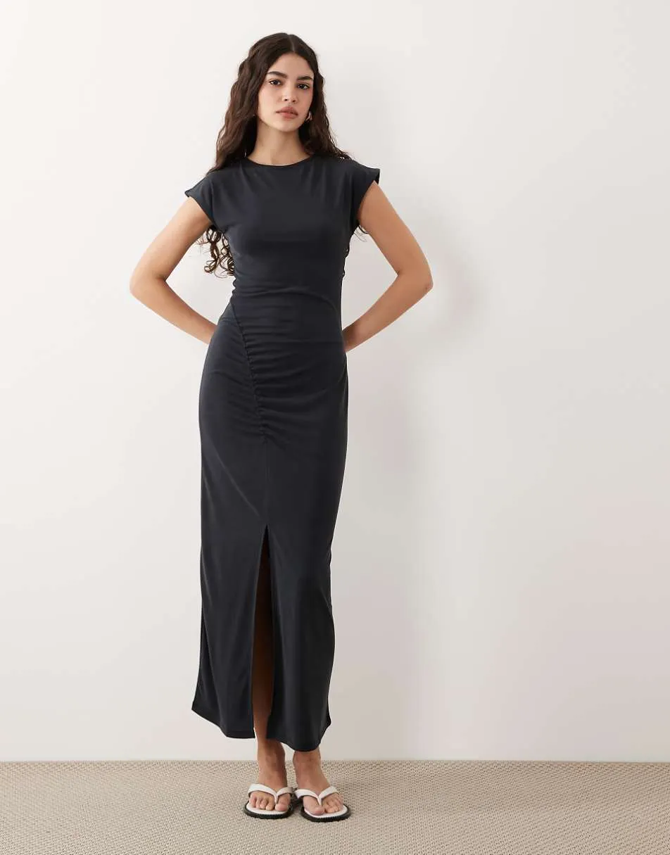 ASOS DESIGN short sleeve midaxi dress with asymmetric ruching detail in black