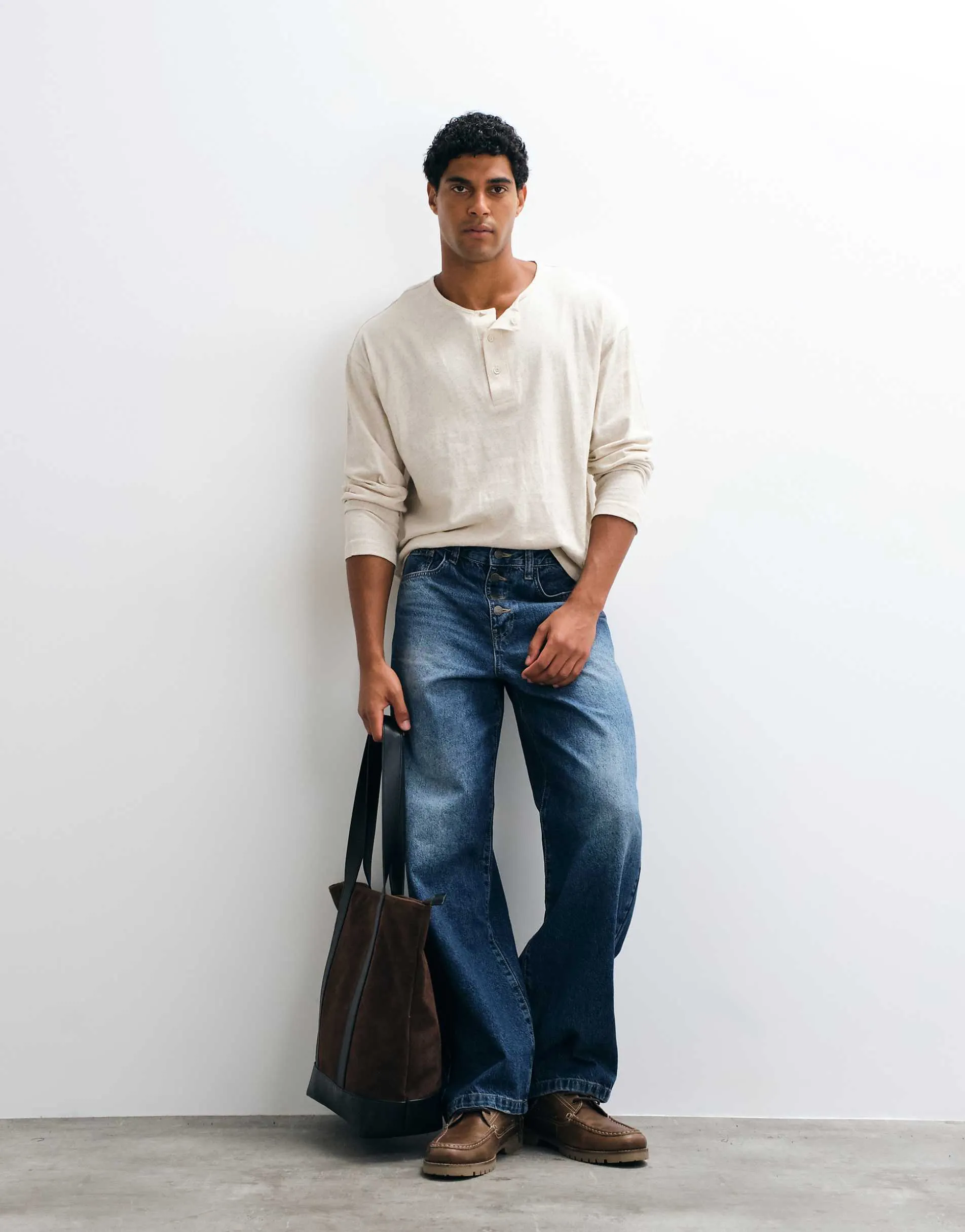 ASOS DESIGN baggy jeans in mid wash blue with exposed buttons