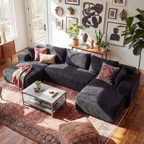 FUFU&GAGA 134"W Black Corduroy Modular Sectional Sofa, U‑Shaped Oversized Corner Couch with Throw Pillows, Plush Upholstered Sofa for Living Room