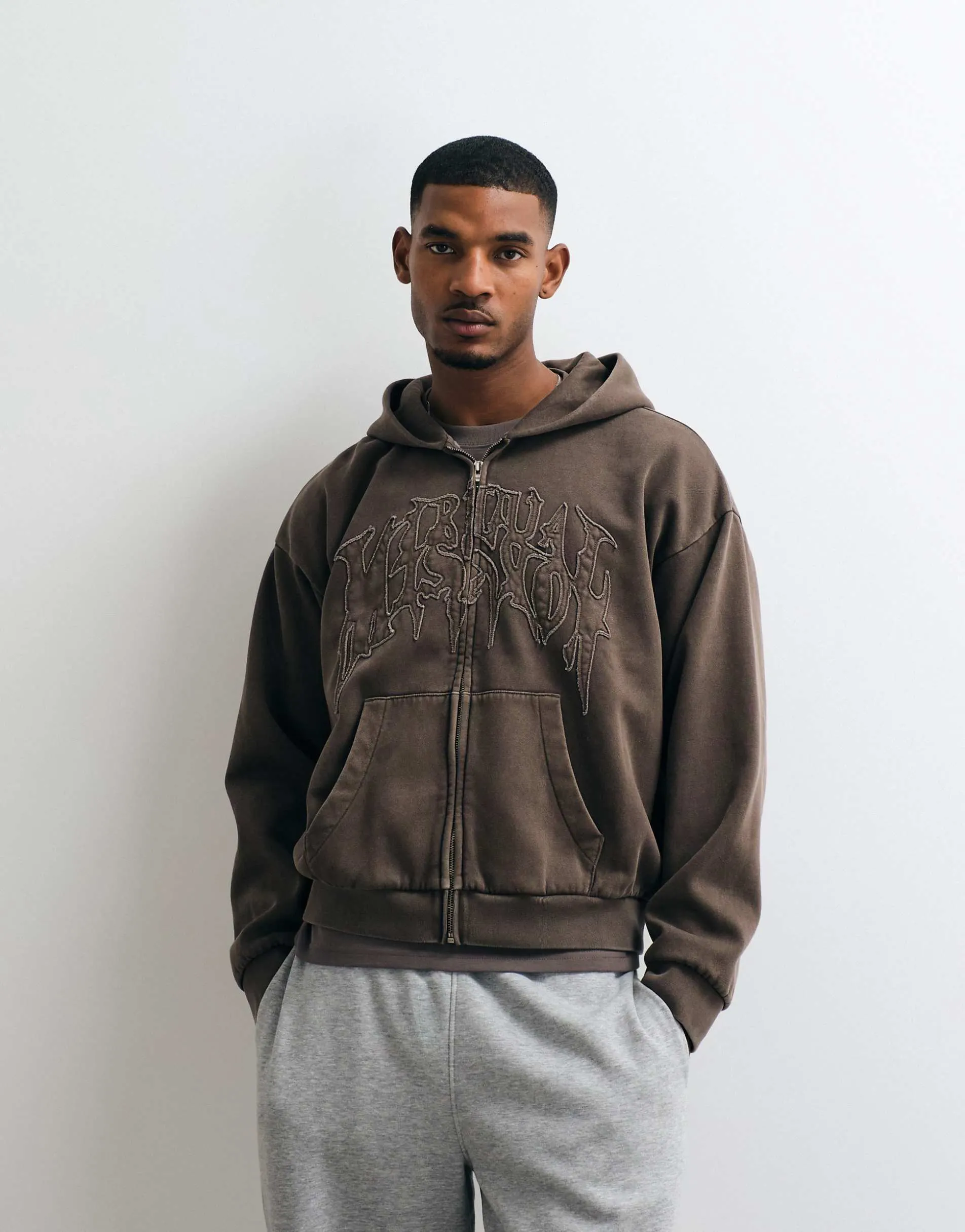 Weekday oversized zip hoodie with virtual mission graphic embroidery in brown