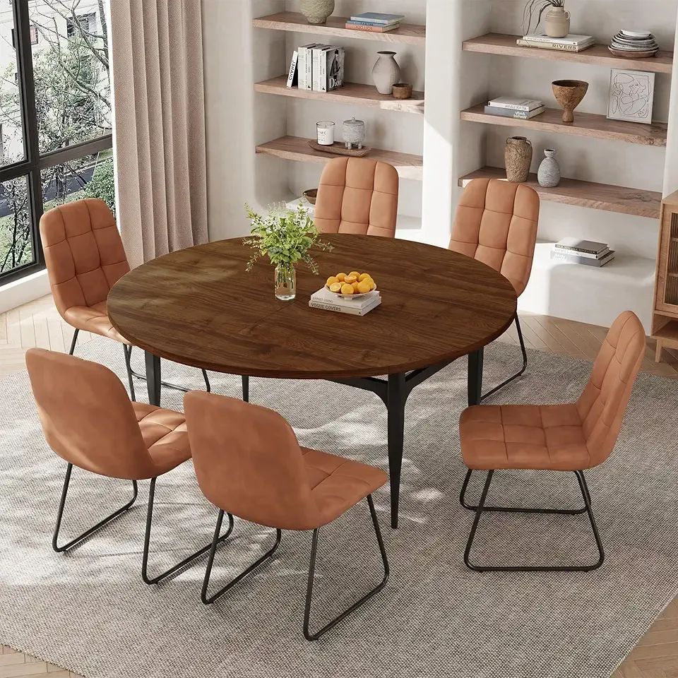 Expandable Folding Dining Table Set, 55-Inch Round to Square Table with 6 Upholstered Chairs, Metal Frame, for Dining Room or Apartment (Round Table + 6 Brown Chairs)