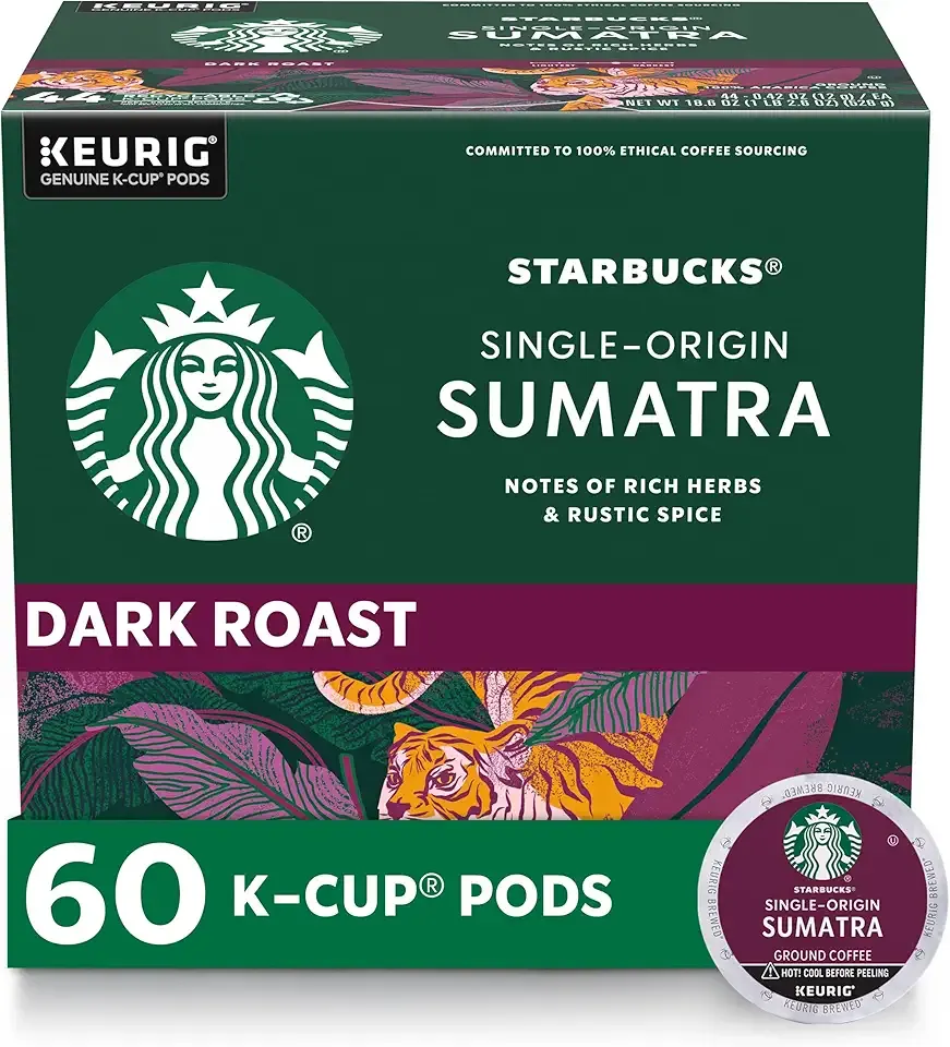 Starbucks K-Cup Coffee Pods, Dark Roast Coffee, Sumatra for Keurig Brewers, 100% Arabica, 6 boxes (60 pods total)