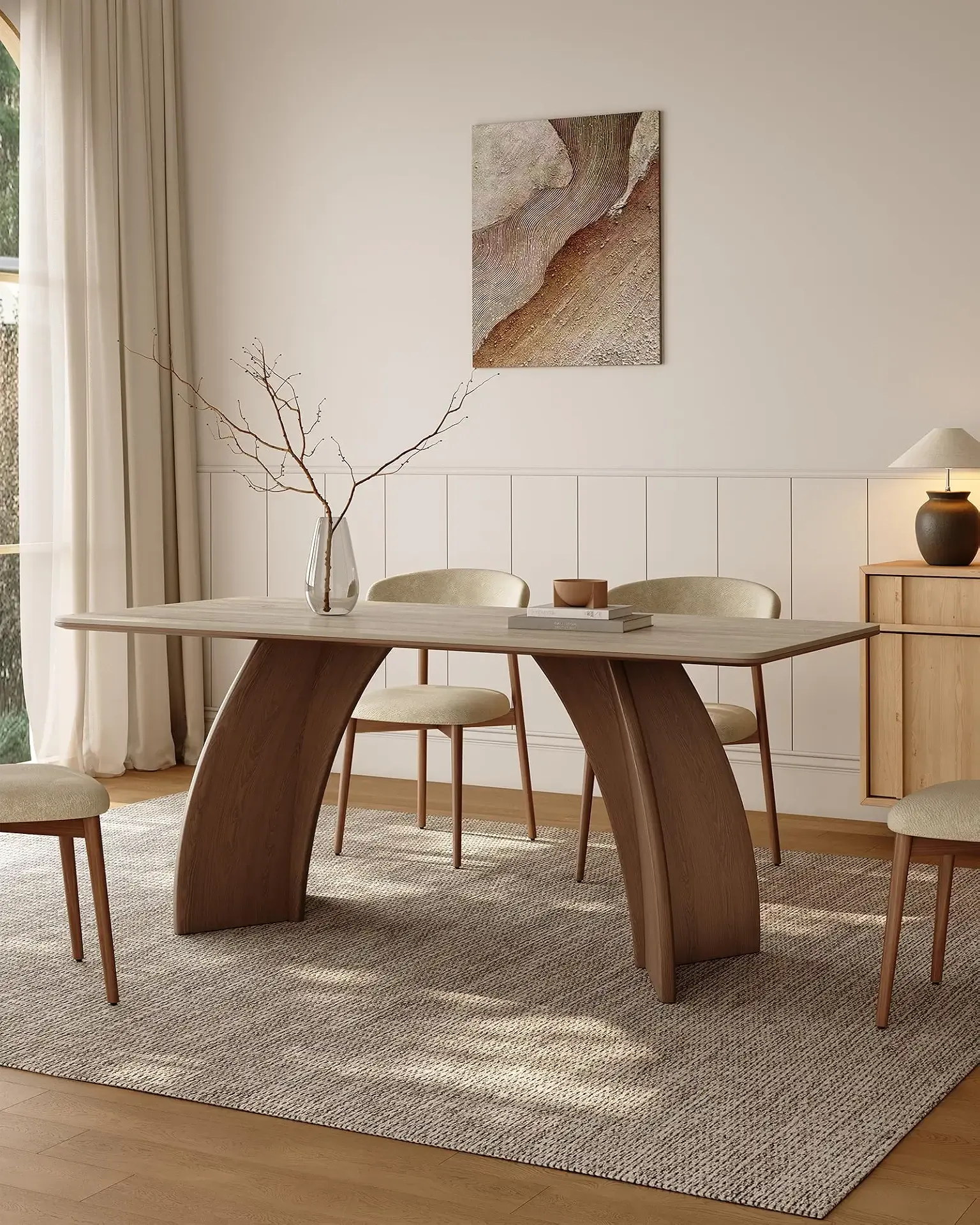 71" Sintered Stone Dining Table for 6, Rectangular Kitchen Table with Solid Wood Pedestal, Luxury Mid Century Modern Dinner Table for Dining Room