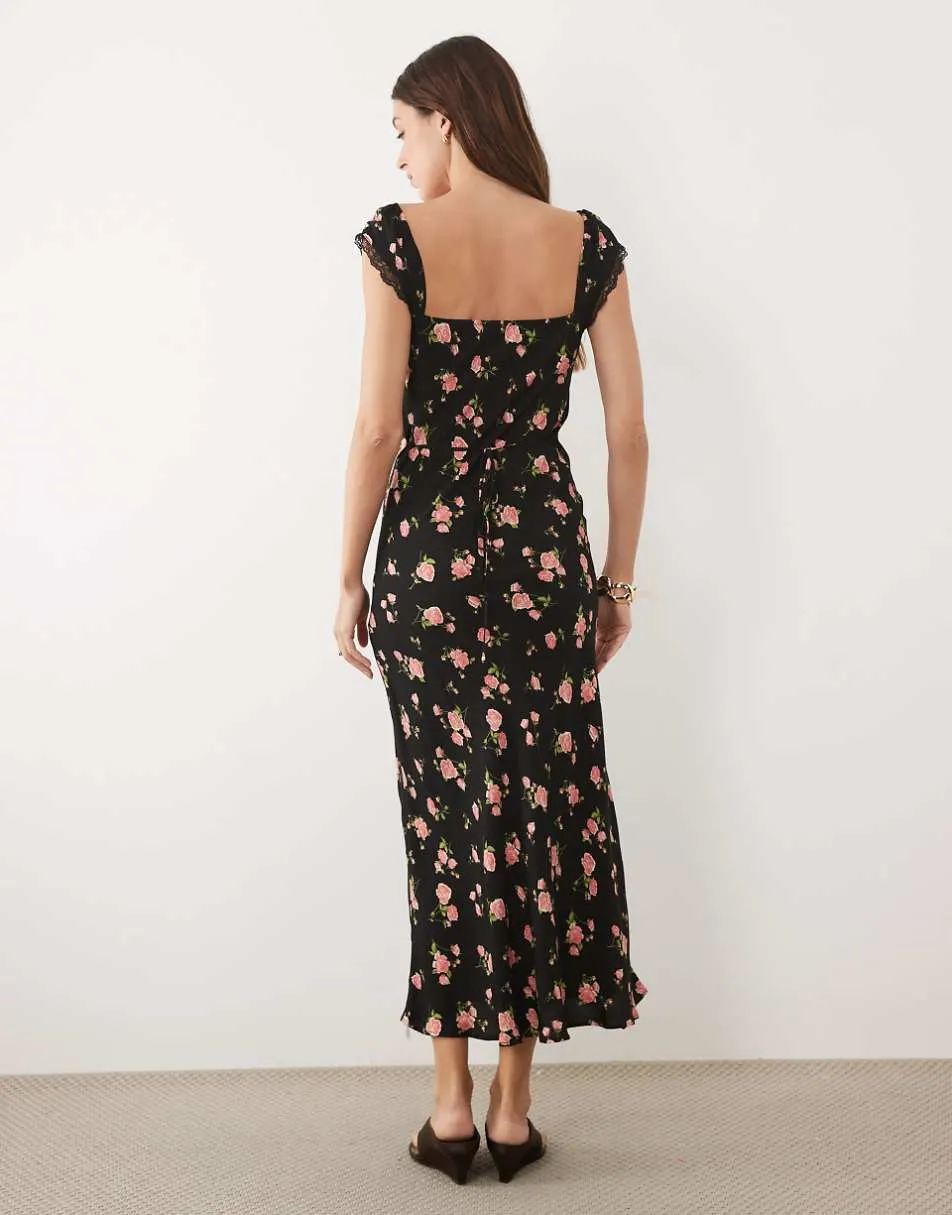 Mango sweetheart neck midi dress in black floral print